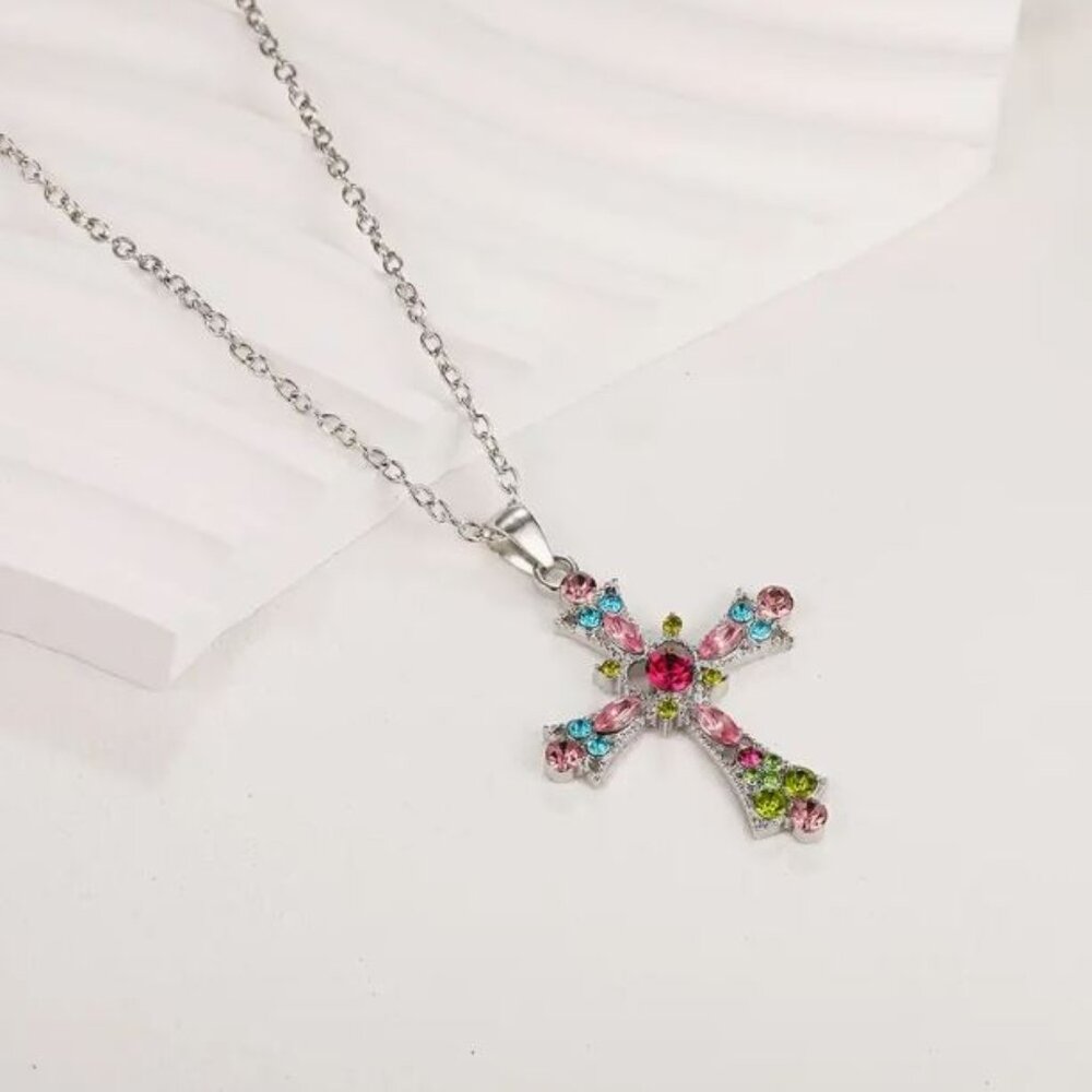 NEW Silver Plated Jeweled Cross Necklace Retro 80's Madonna Gothic